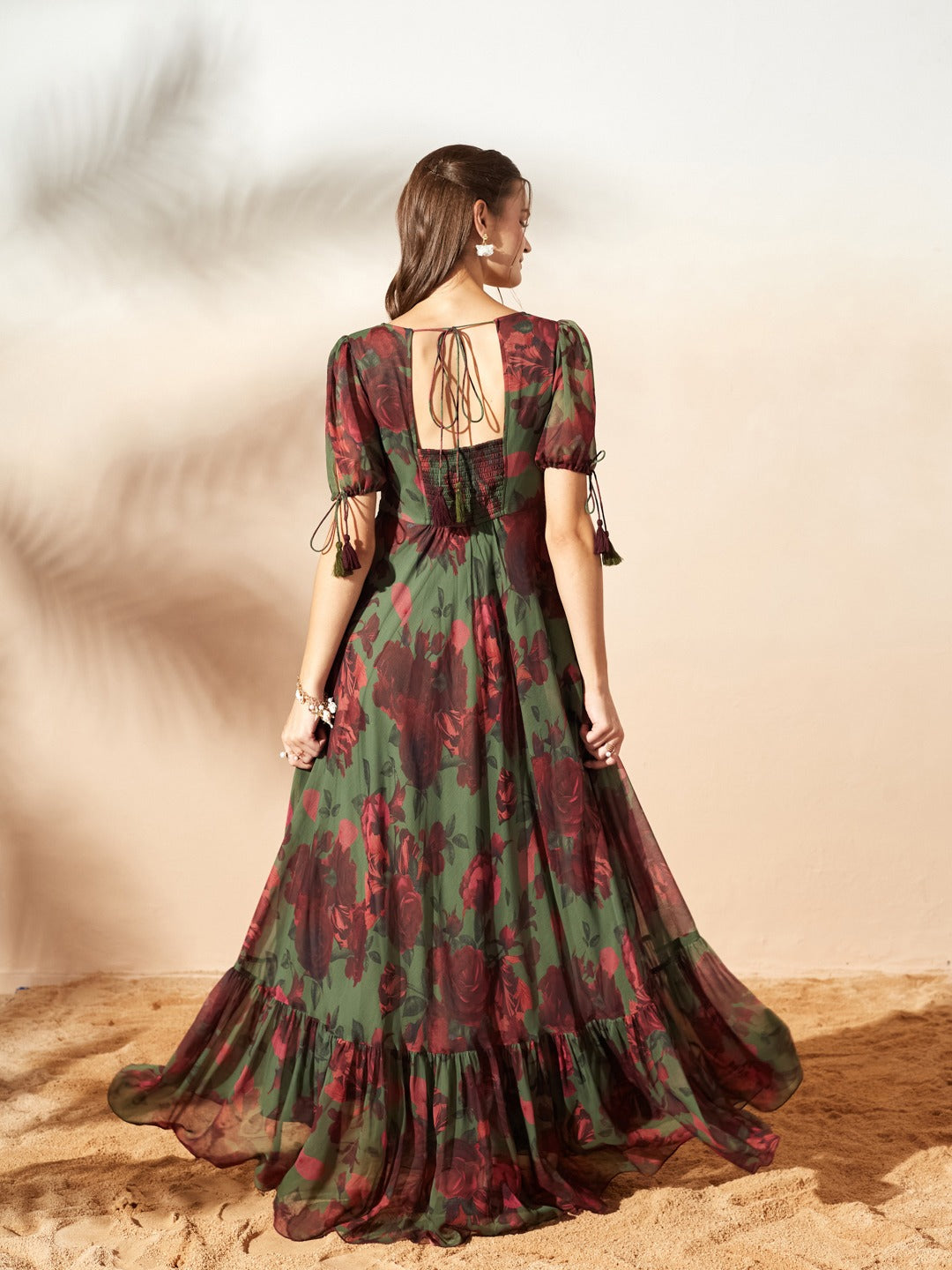 Olive And Wine Sweetheart Neck Puff Sleeve Floral Tiered Maxi Chiffon Dress for Women