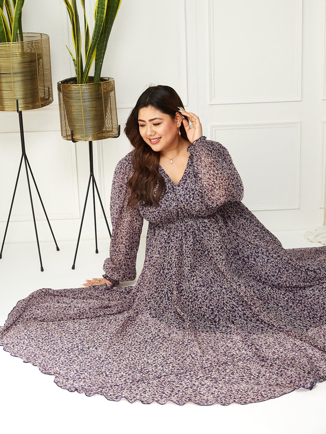 Body Bliss Multicolored-Base-Purple Floral Gathered Chiffon Maxi Dress