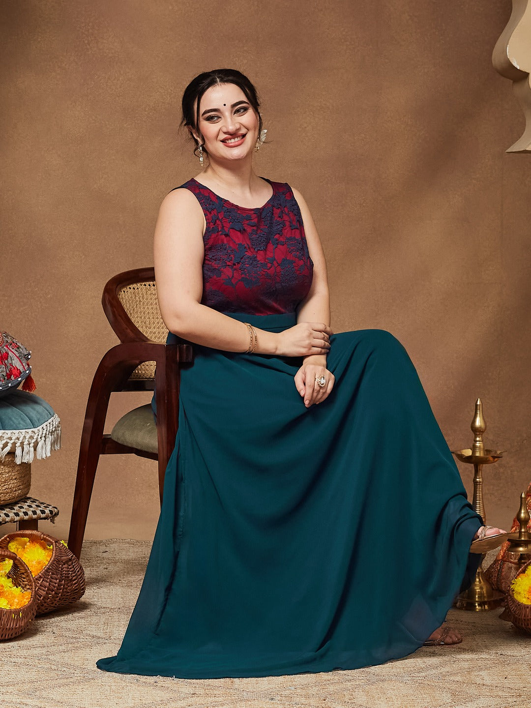 Teal Round Neck Sleeveless Georgette & Lace Floral Fit & Flare Maxi Dress for Women — Miss Chase A+