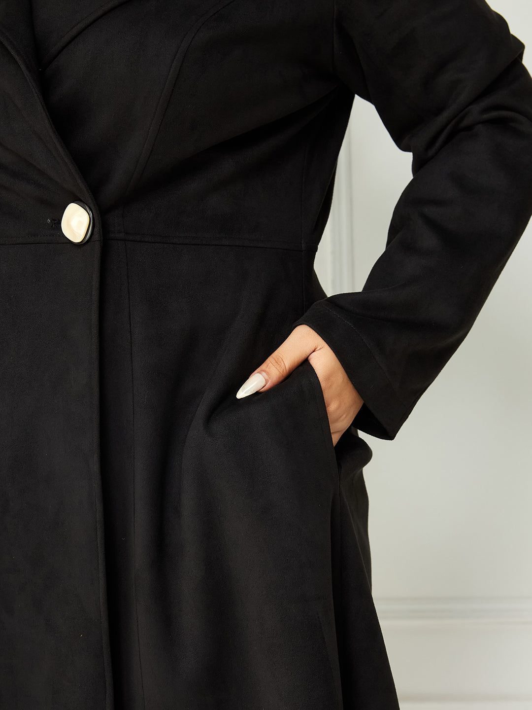 Body Bliss Black Solid Double Breasted Longline Jacket for Women — Miss Chase A+