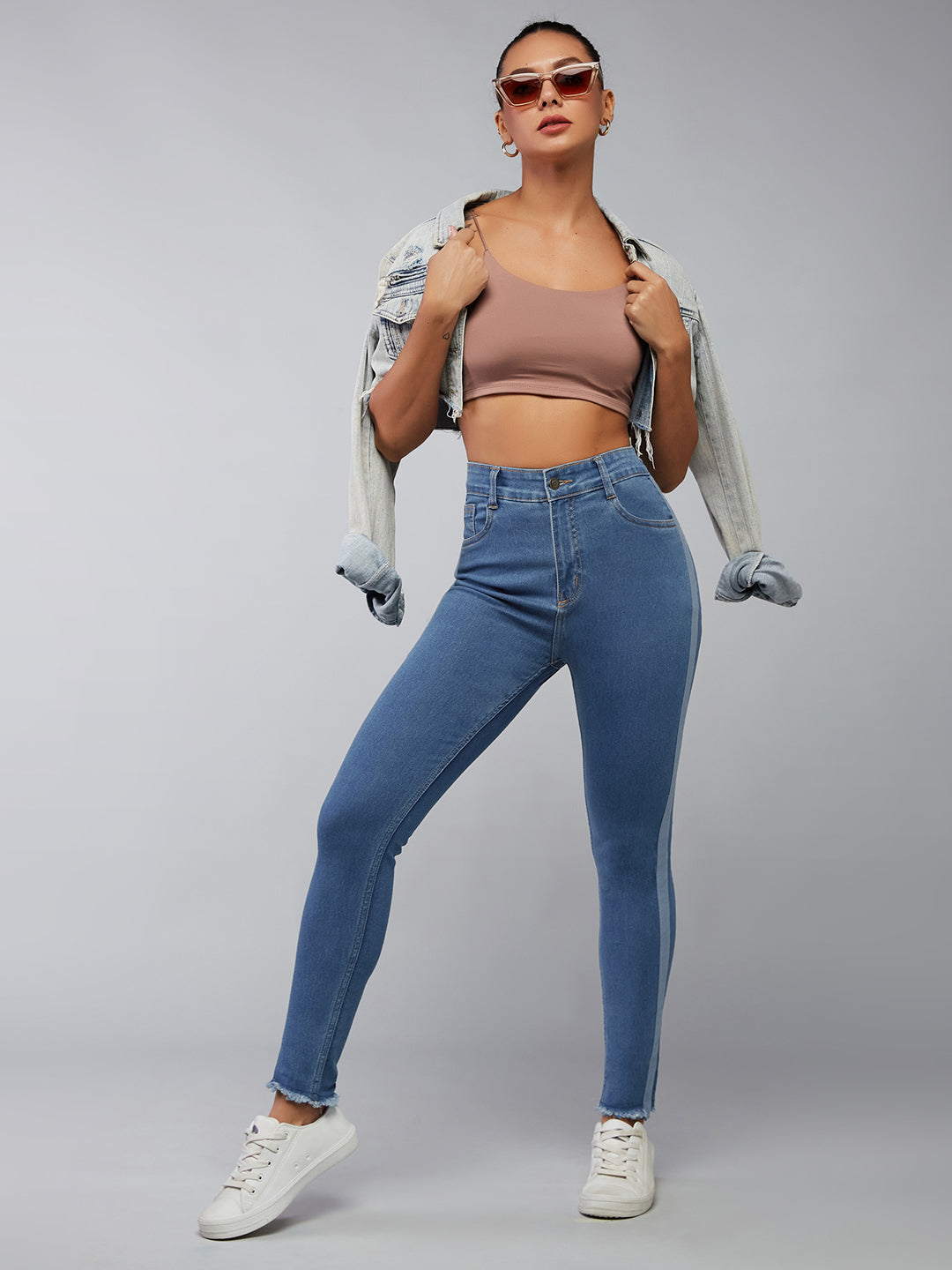 Women's Blue Skinny High-Rise Fringe And Silky Denim Tape Detailing Cropped Denim Jeans