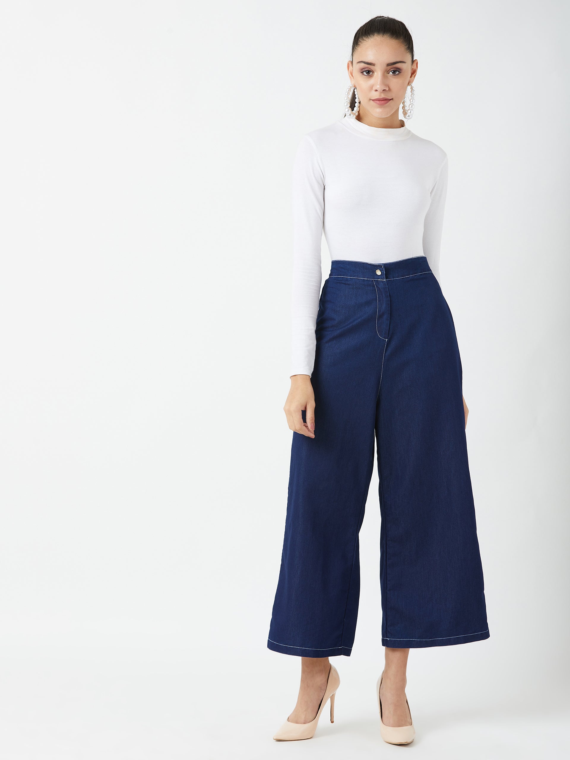 Women's Navy Blue Wide-Leg High-Rise Light Weight Clean-Look Regular Length Light Weight Denim Pants