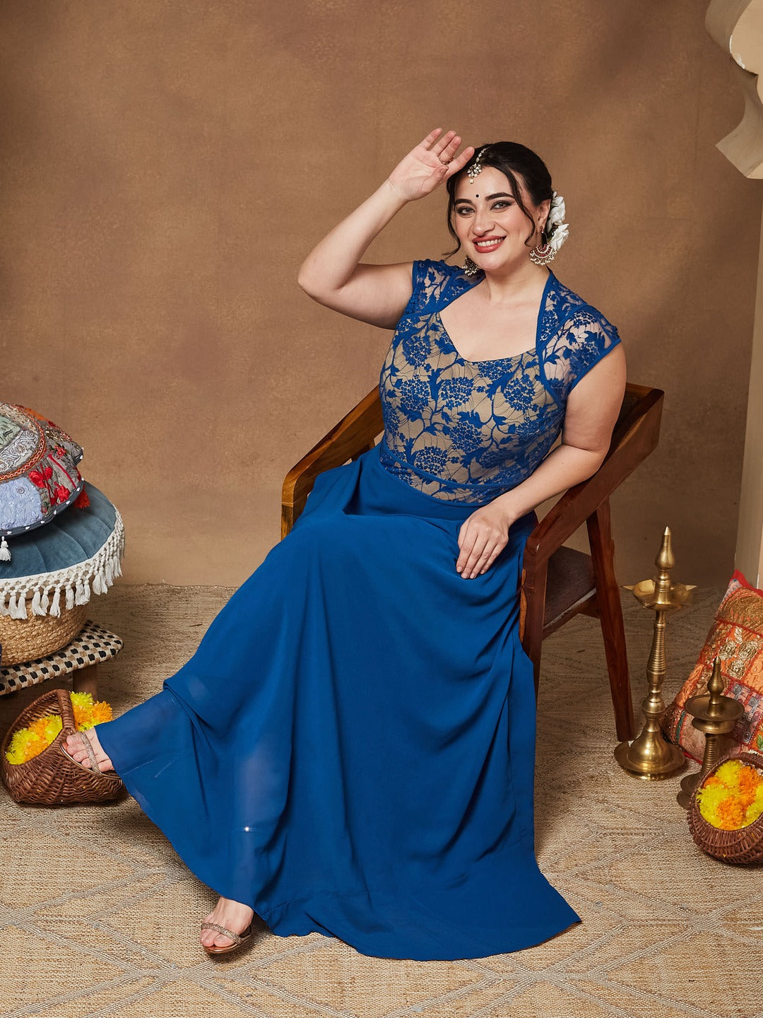 Royal Blue Sweet-Heart Neck Cap-Sleeve Floral Fit & Flare Georgette Maxi Dress for Women
