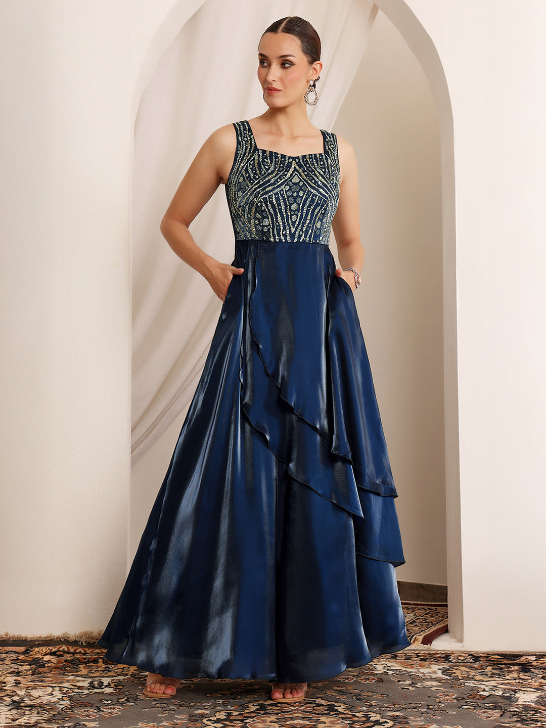 Women's Navy Blue Sweetheart Sleeveless Embroidered Layered Satin Maxi Dress