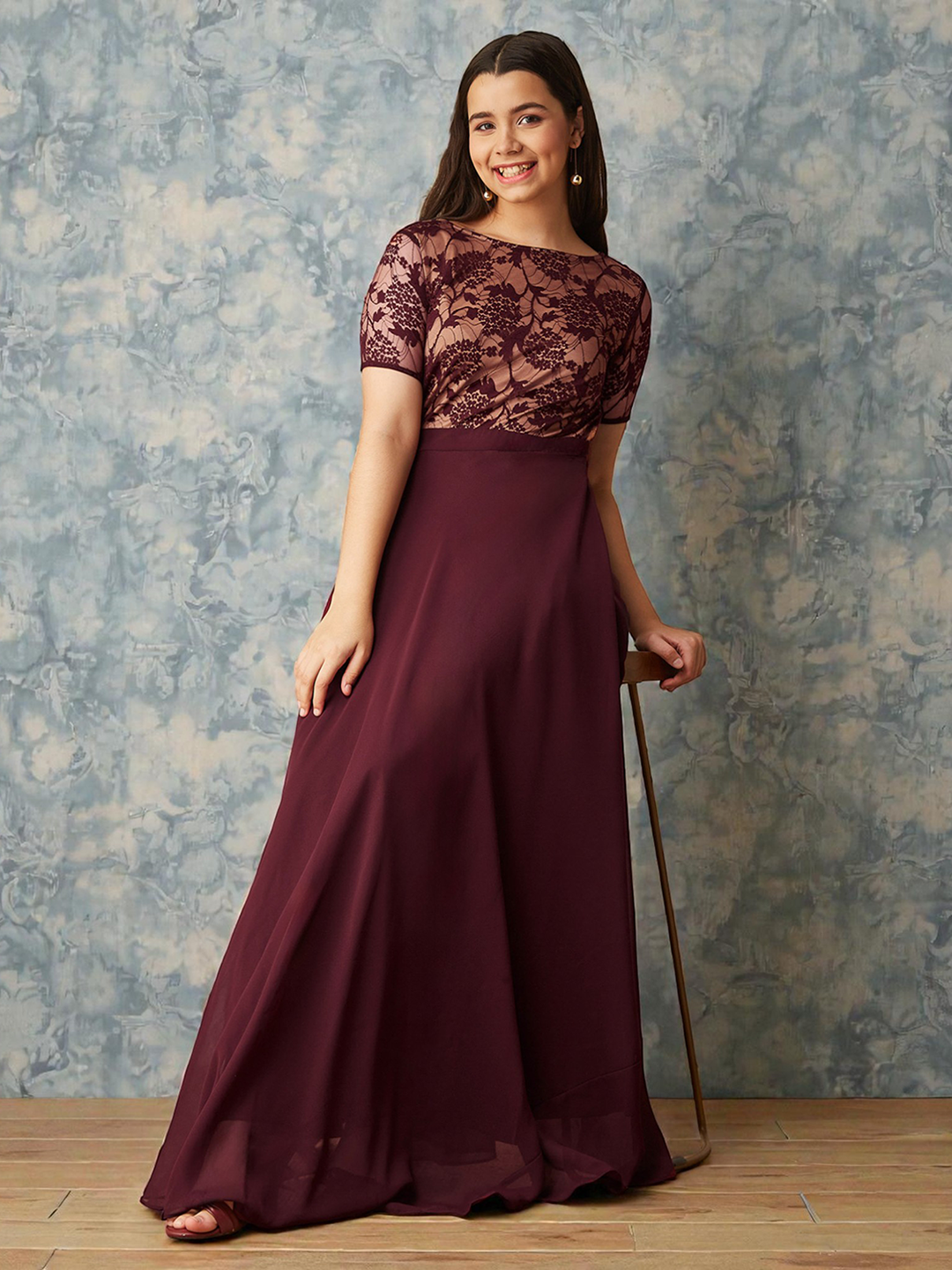 Wine & Beige Relaxed Fit Georgette Maxi Dress for Girls/Teenagers for Women — Mizuki