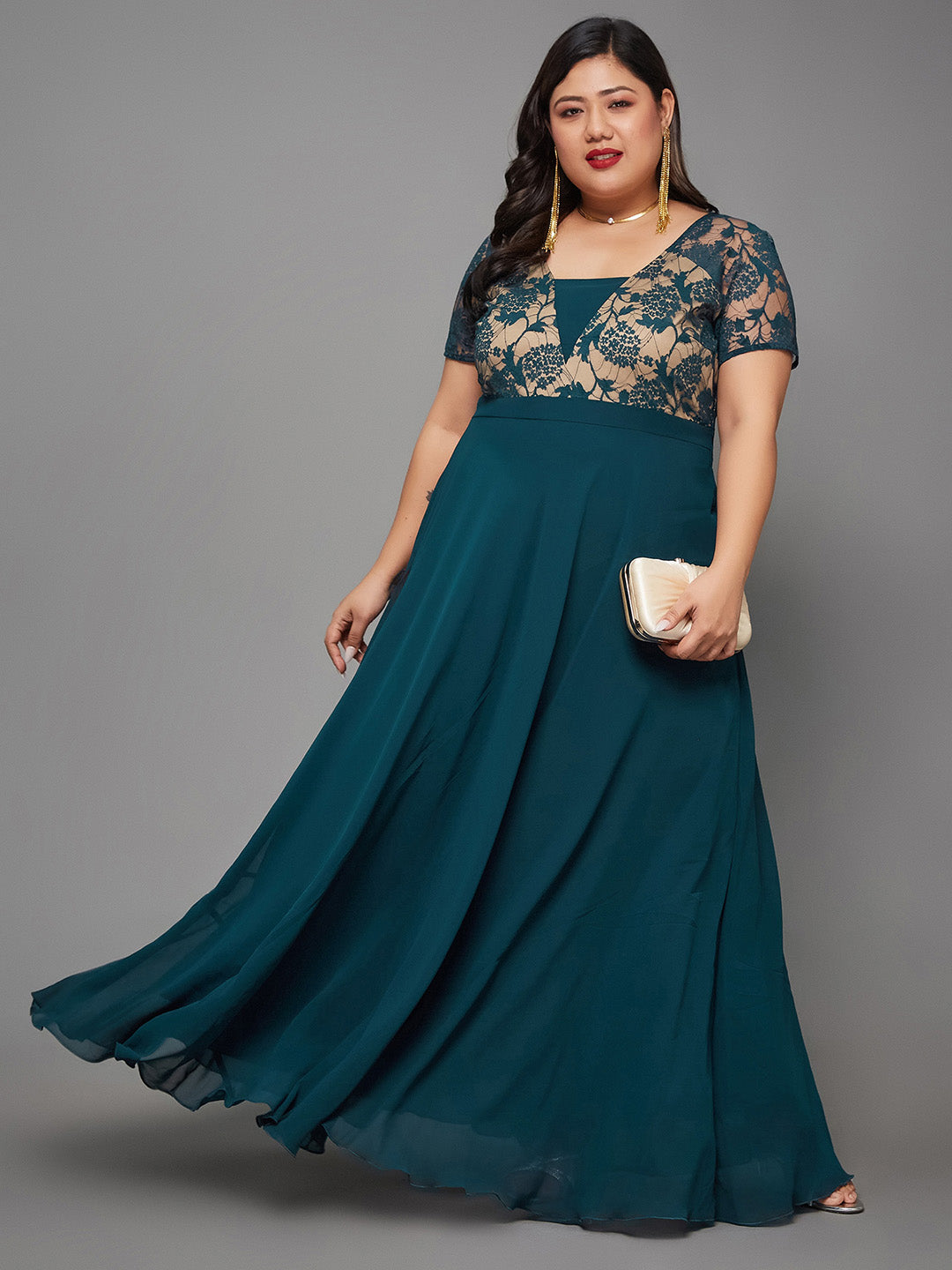Teal Short Sleeves Lace Fit and Flare Maxi Dress Long Dress Gown for Women | Mehendi to Sangeet Collection
