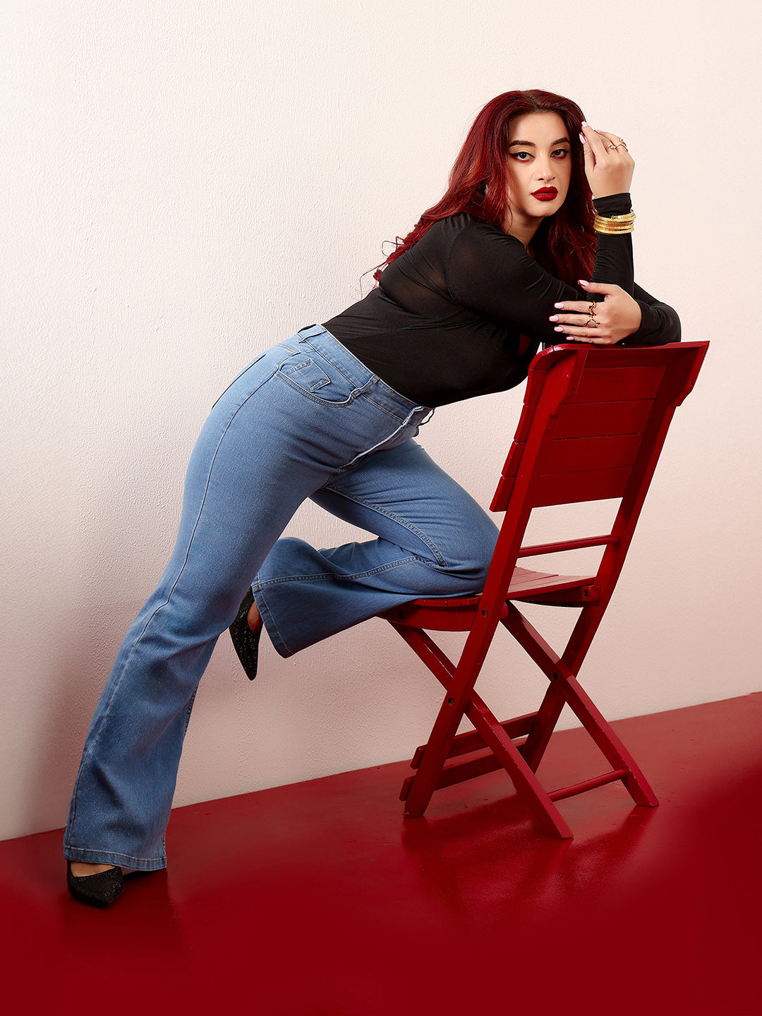 Women's Light Blue Bootcut High-Rise Clean-Look Stretchable Denim Jeans