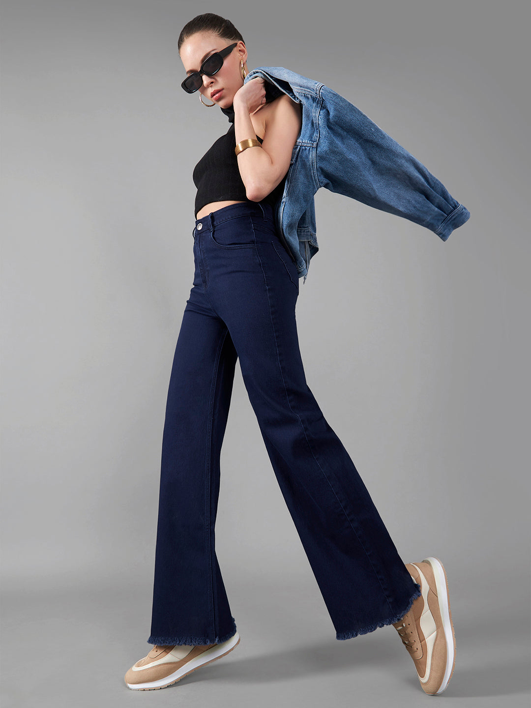 24/7 Comfort Navy-Blue Wide-Leg High-Rise Stretchable Denim Jeans