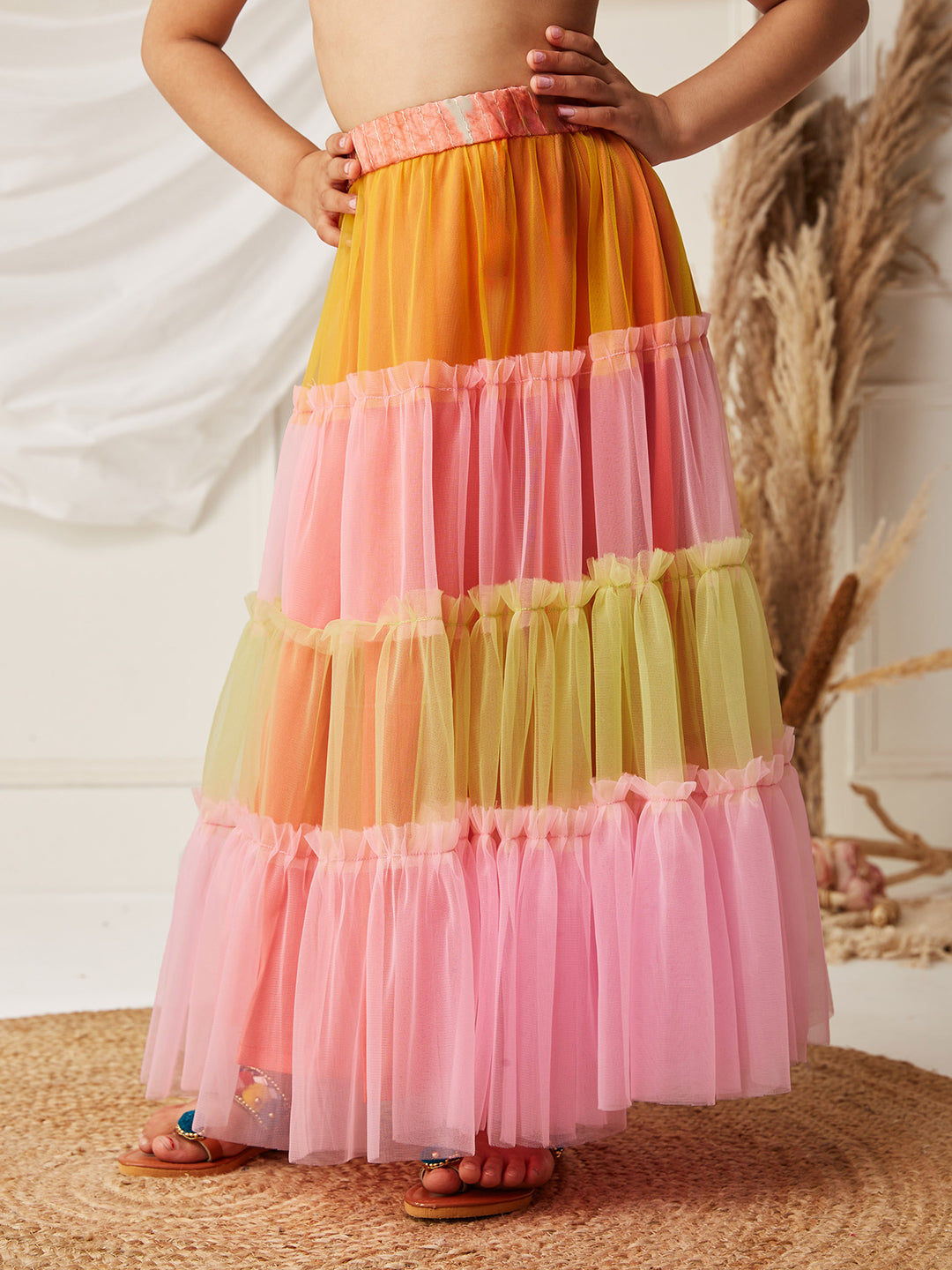 Multicolored-Base-Peach Round-Neck Frilled Sleeve Embellished Fit & Flare Regular Fusion Set
