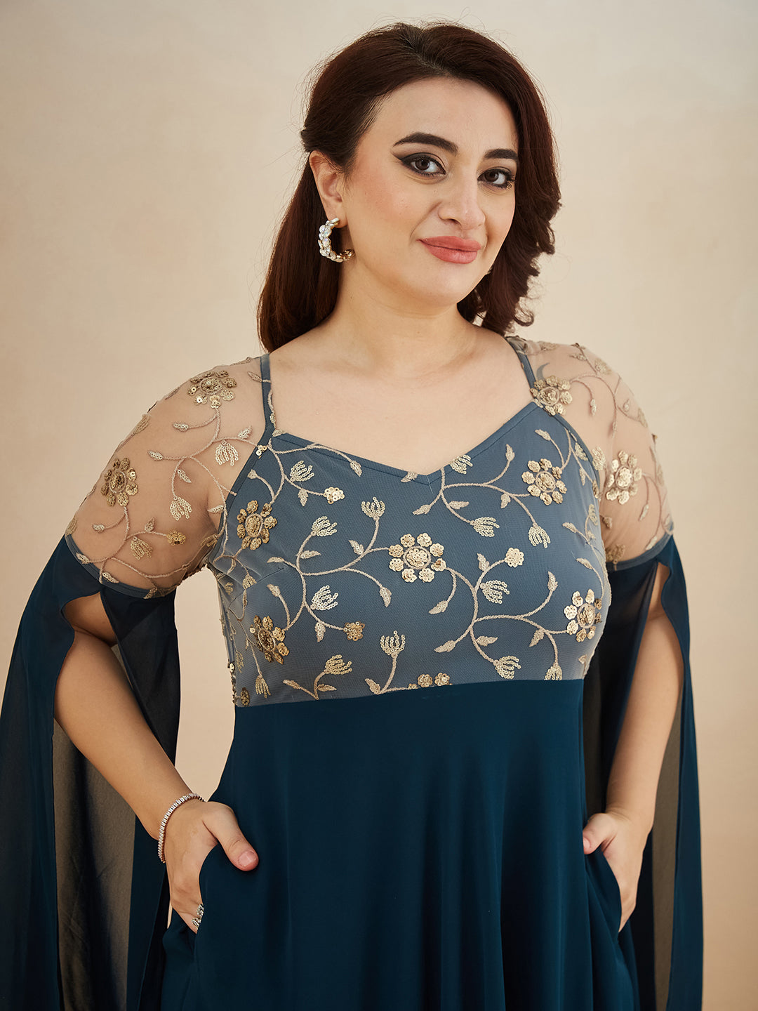 Teal V-Neck Full Sleeve Embroidered Fit & Flare Georgette Maxi Dress for Women