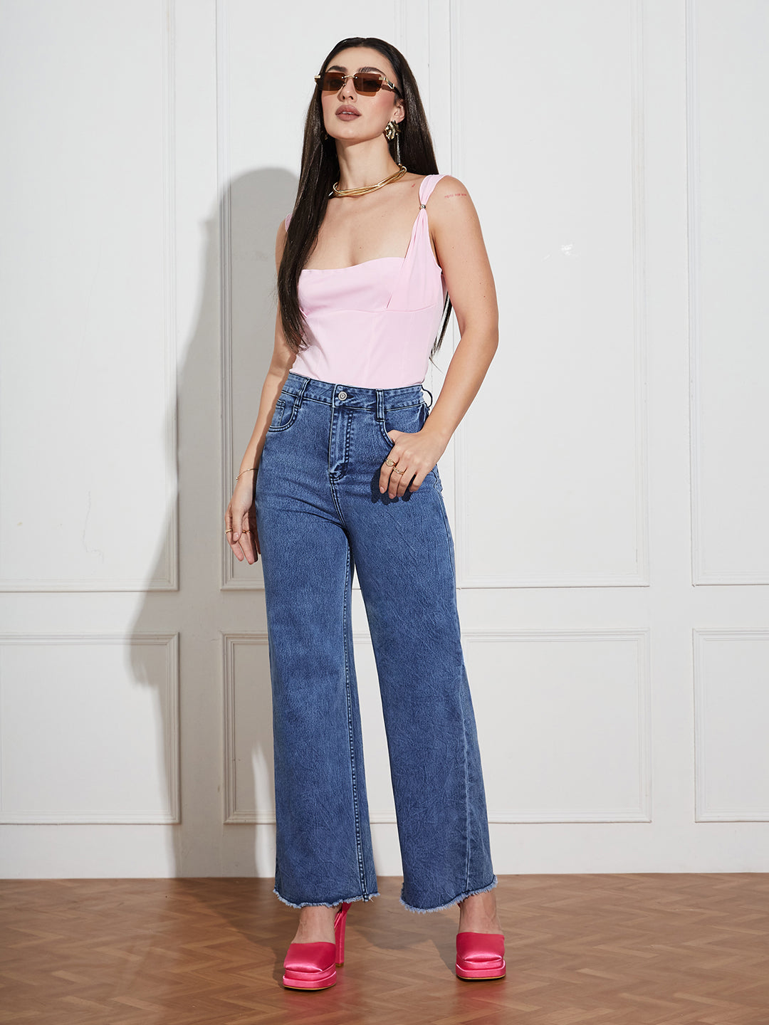Women's Navy-Blue Wide Leg High-Rise Clean Look Regular Stretchable Denim Jeans