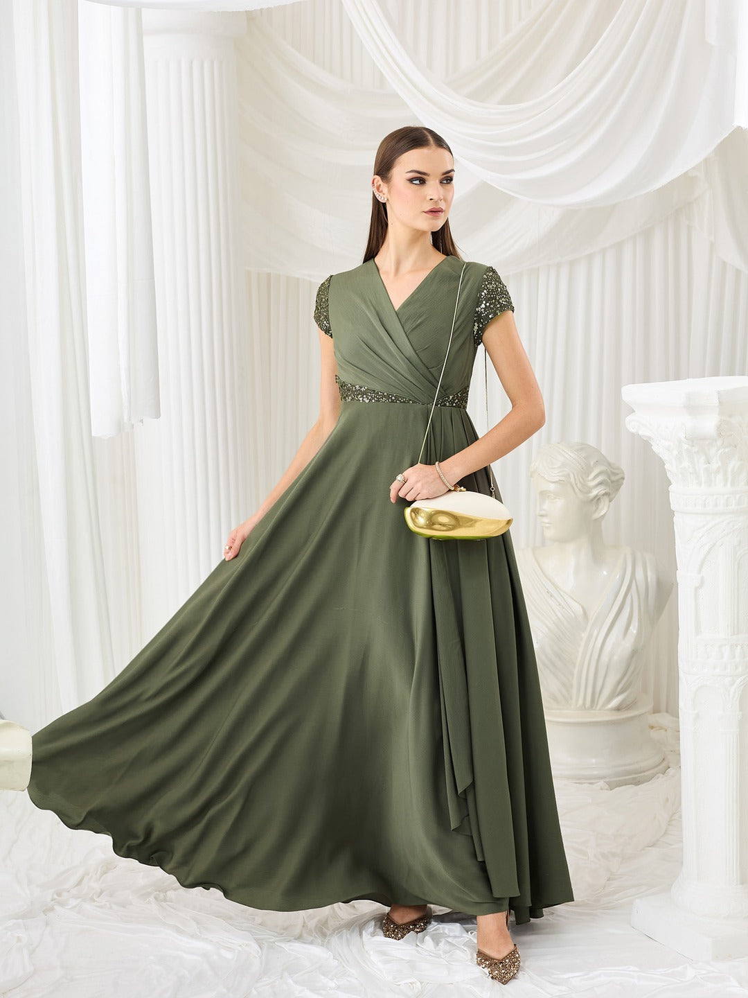 Embellished Pale Olive Gown in Asymmetric Draped Premium Satin for Women