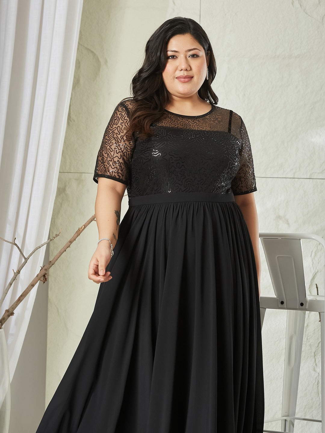 Black Relaxed Fit Maxi Georgette & Sequins Dress for Women