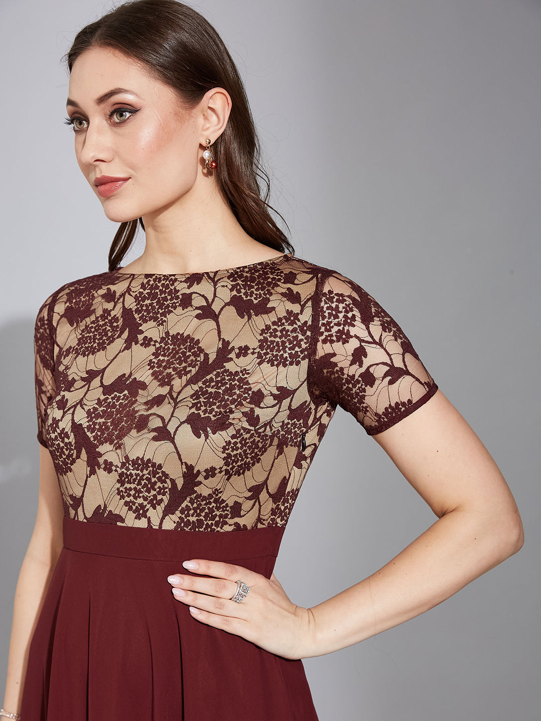 Wine Short Sleeves Lace Fit and Flare Maxi Dress Long Dress Frock for Women