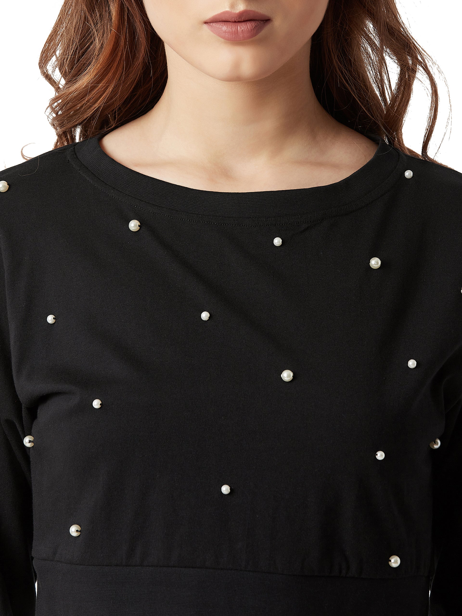 Women's Black Round Neck Full Sleeves Cotton Solid Boxy Pearl Detailing Crop Top