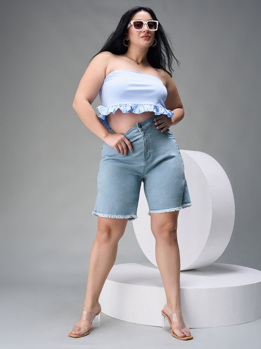 Women's Light Blue High-Rise Above Knee Stretchable Denim Shorts