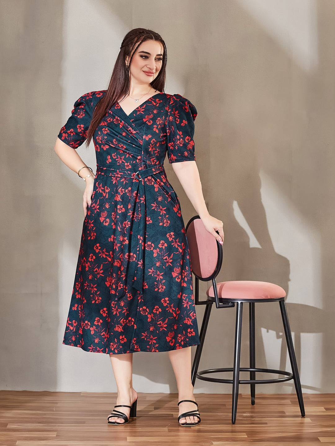 Teal V-neck Puff Sleeve Floral Wrap Midi Dress for Women