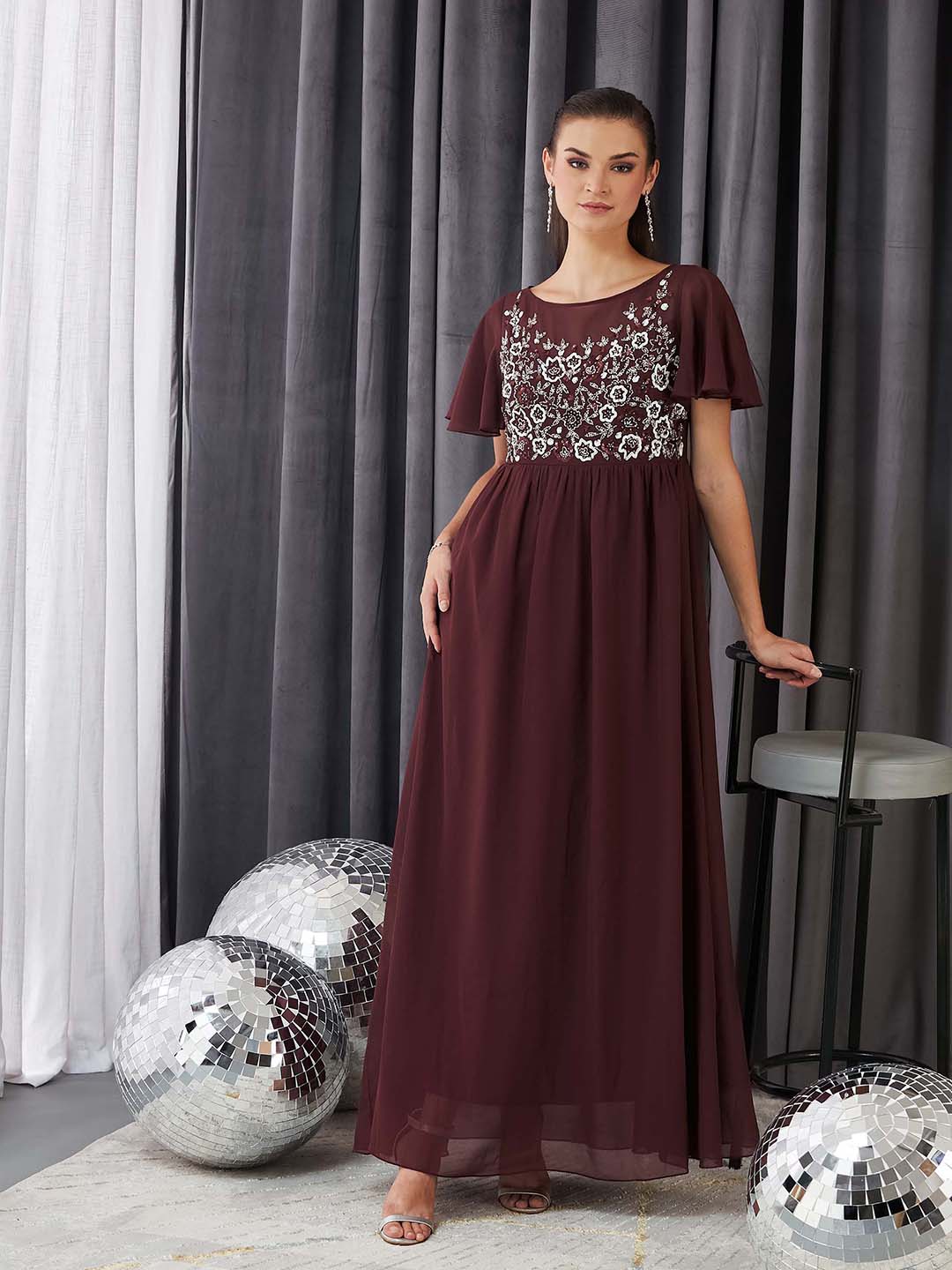 Women's Wine Boat Neck Half Sleeve Solid Embellished Georgette Maxi Dress
