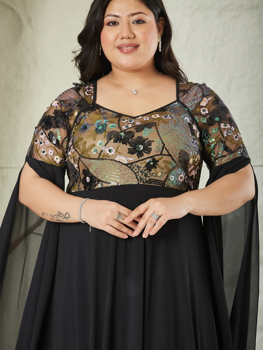 Black Sweet-Heart Full Sleeve Embellished Slit Sleeve Maxi Georgette Dress for Women