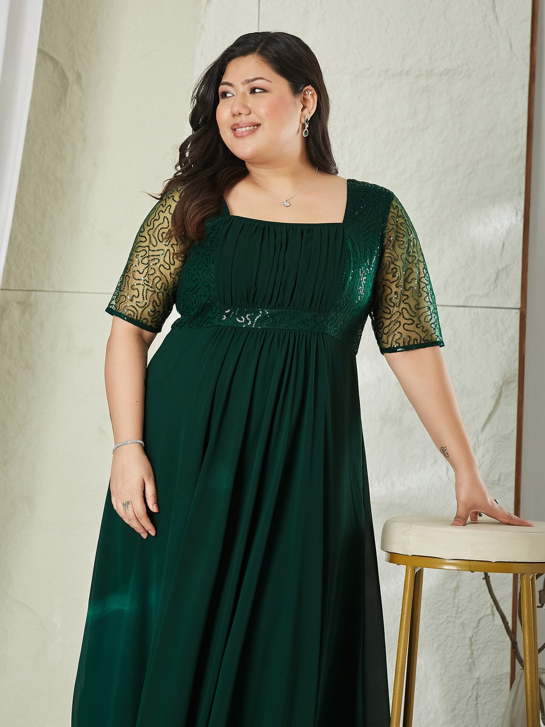 Dark Green Square Neck Half Sleeve Solid Embellished Maxi Dress for Women