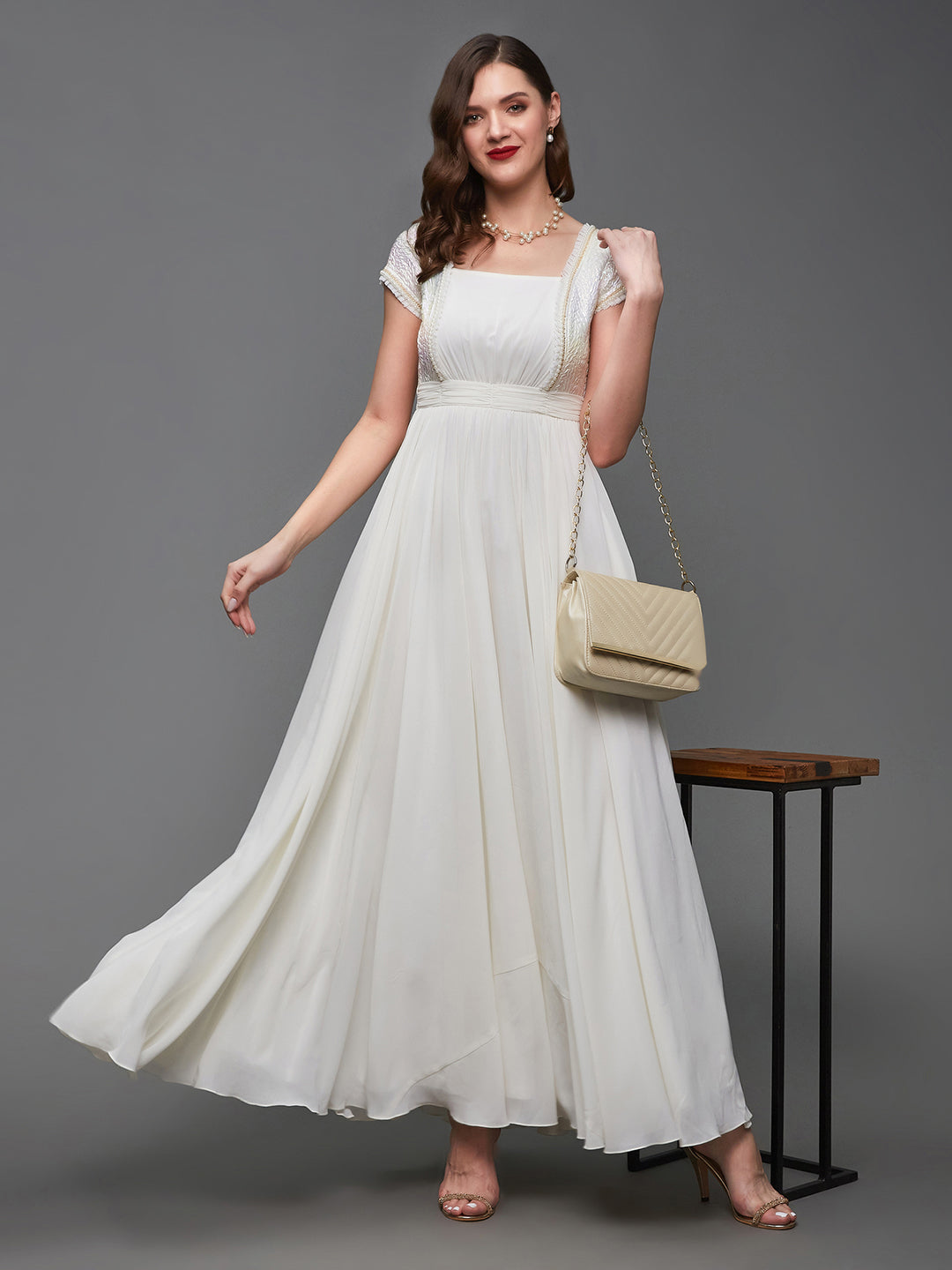 Women's Off White Square Neck Frilled Self Designed Panelled Georgette Maxi Dress