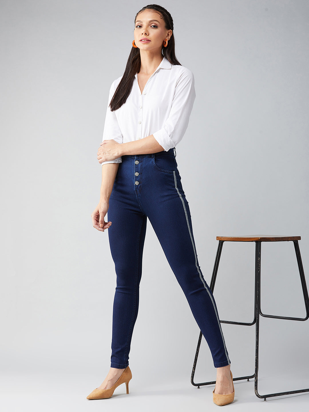 Women's Navy-Blue Cotton Skinny-Fit Relaxed High-Rise Stretchable Denim Jeans