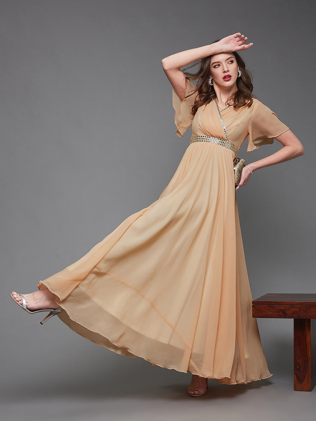 Women's Peach V-Neck Flared Georgette Solid Fit & Flare Maxi Dress