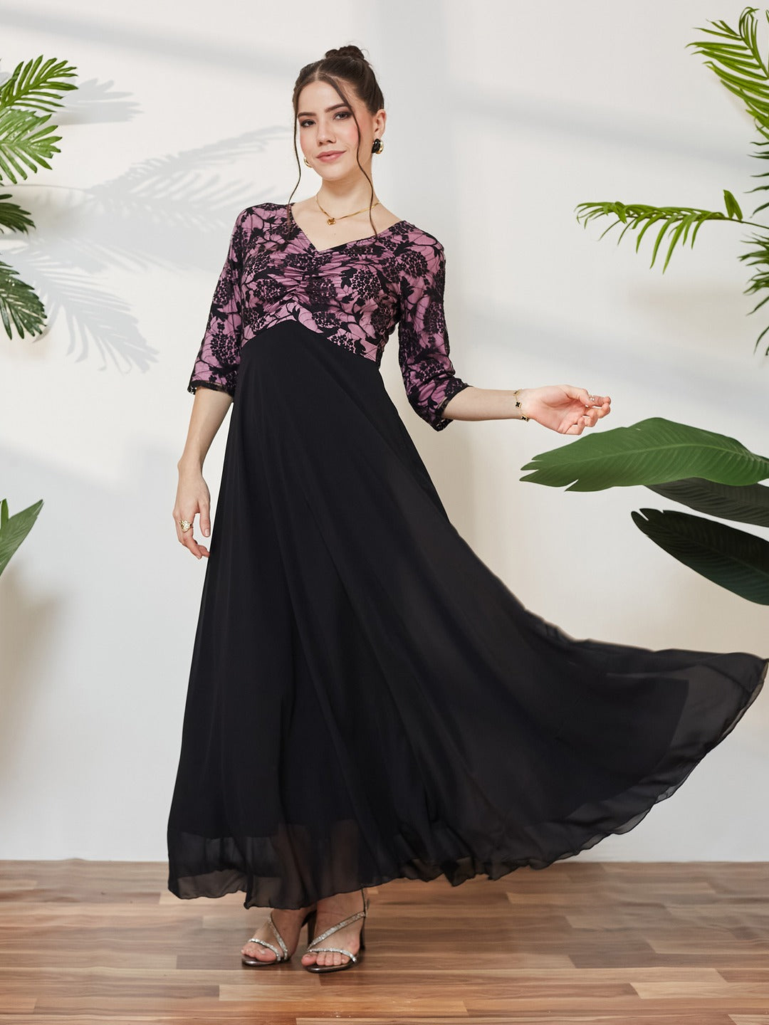Black And Lavender Sweet heart neck 3/4 Sleeve Self Design Fit & Flare Maxi Dress for Women