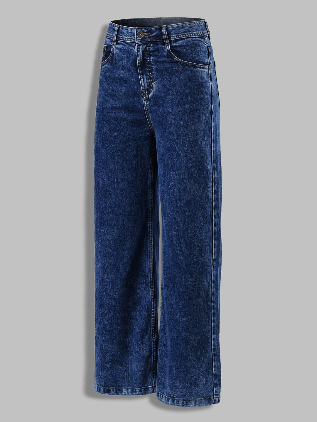 Mid Blue Wide-Leg High-Rise Stretchable Denim Jeans for Women