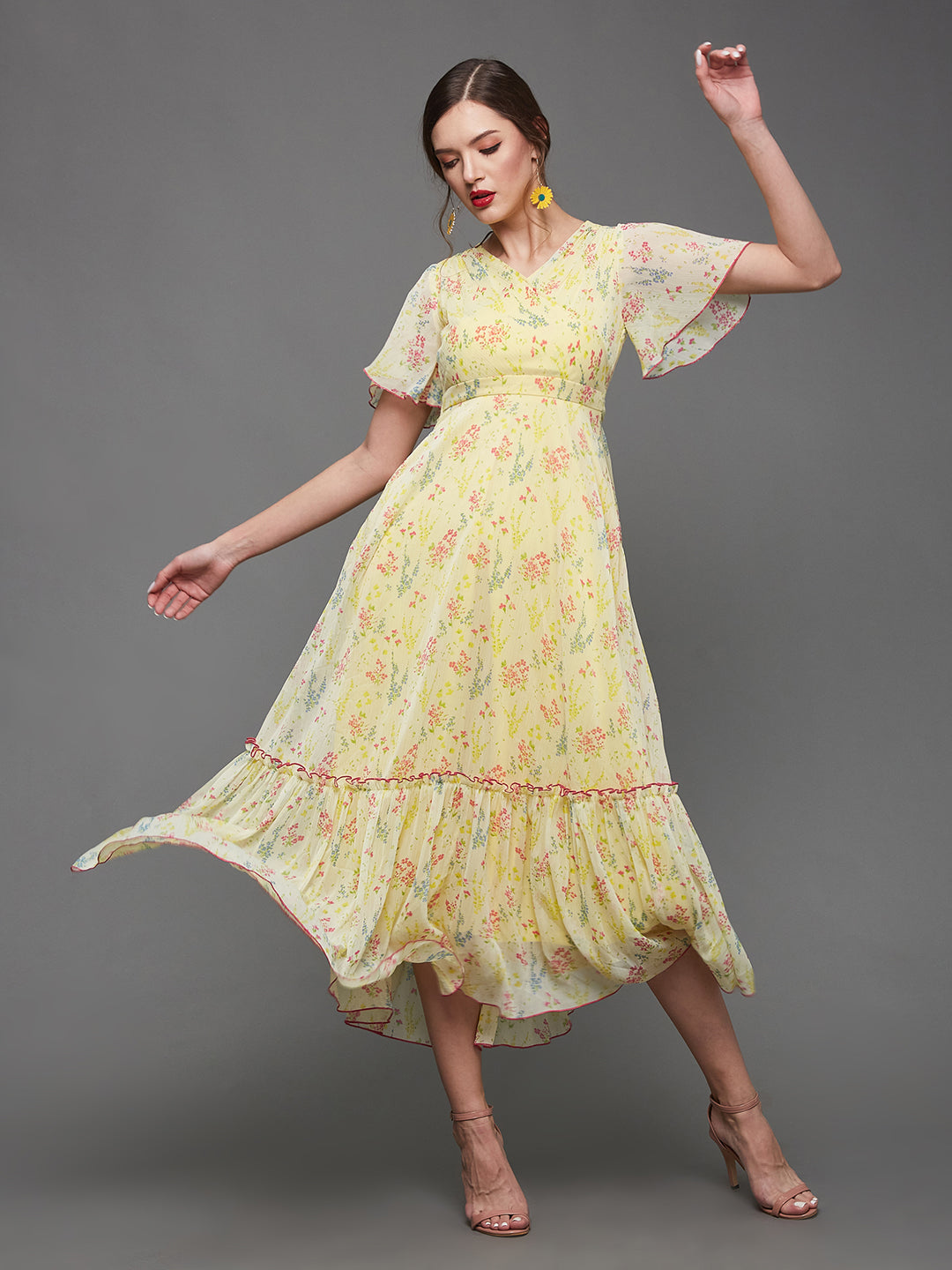 Yellow Floral Printed Flutter Sleeves Maxi Dress Long Dress Frock for Women