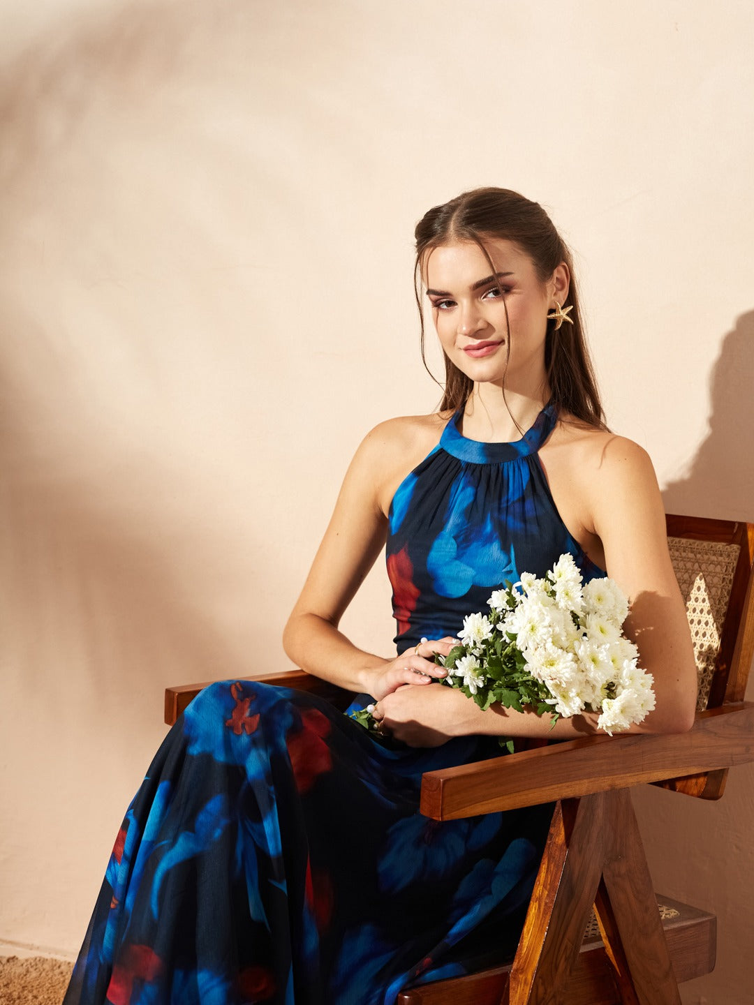 Navy Blue Halter Neck Printed Maxi Dress for Women