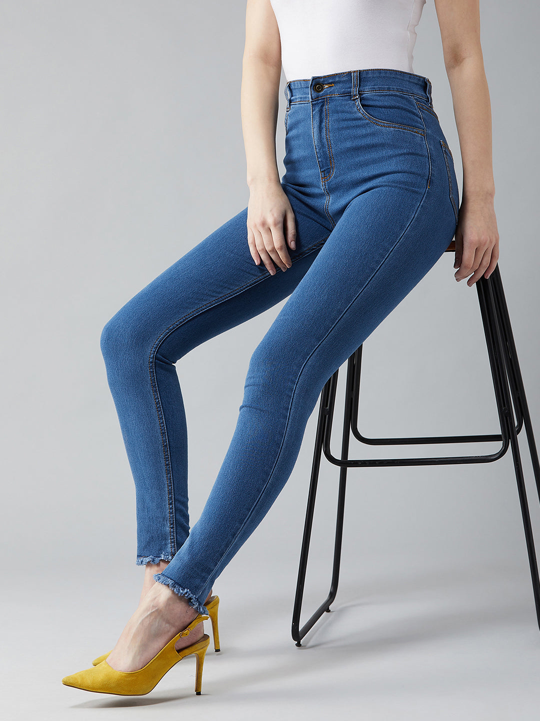 Women's Blue Skinny High-Rise Cropped-Length Fringe Detailing Stretchable Denim Jeans