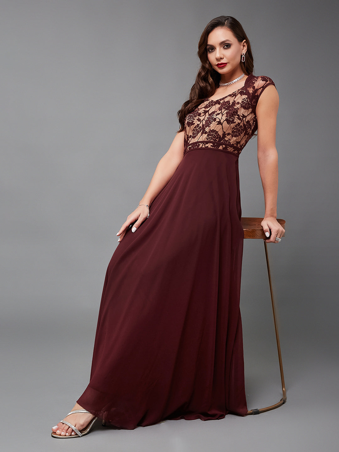 Wine Floral Cap Sleeves Fit and Flare Lace Maxi Dress Long Dress Frock for Women