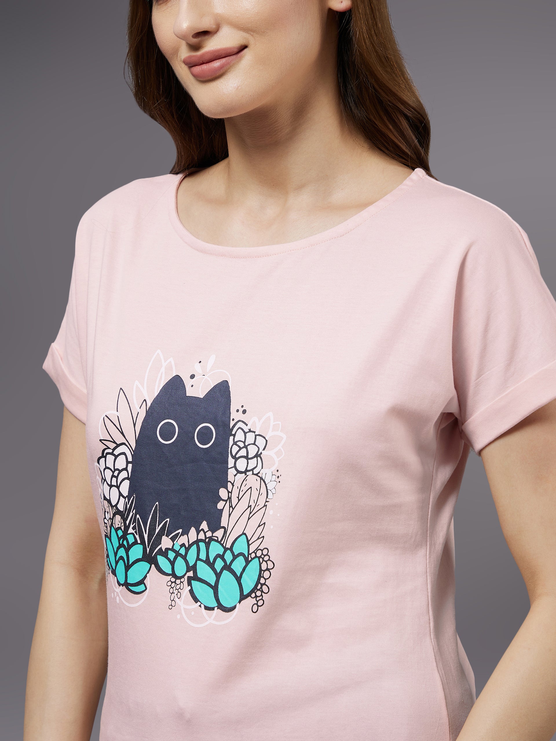 Women's Blush Pink round neck short sleeves printed long T-shirt