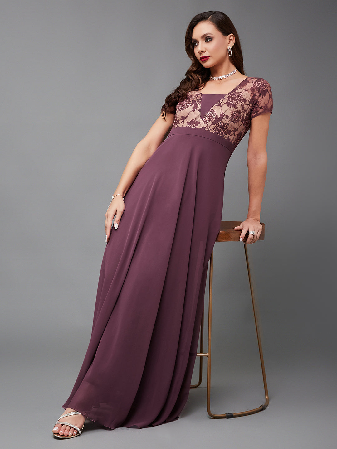 Women's Mauve Square-Neck Raglan-Sleeve Self-Designed Flared Georgette Maxi Dress