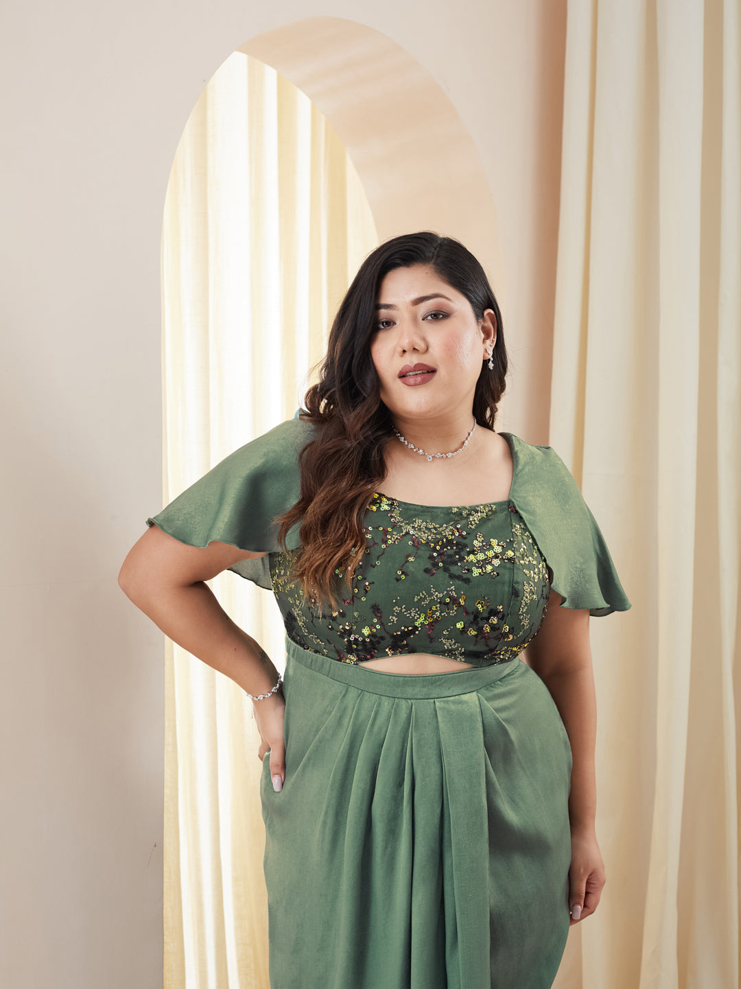 Siege Green Sweetheart-Neck Cape Embellished Draped Satin Maxi Dress for Women