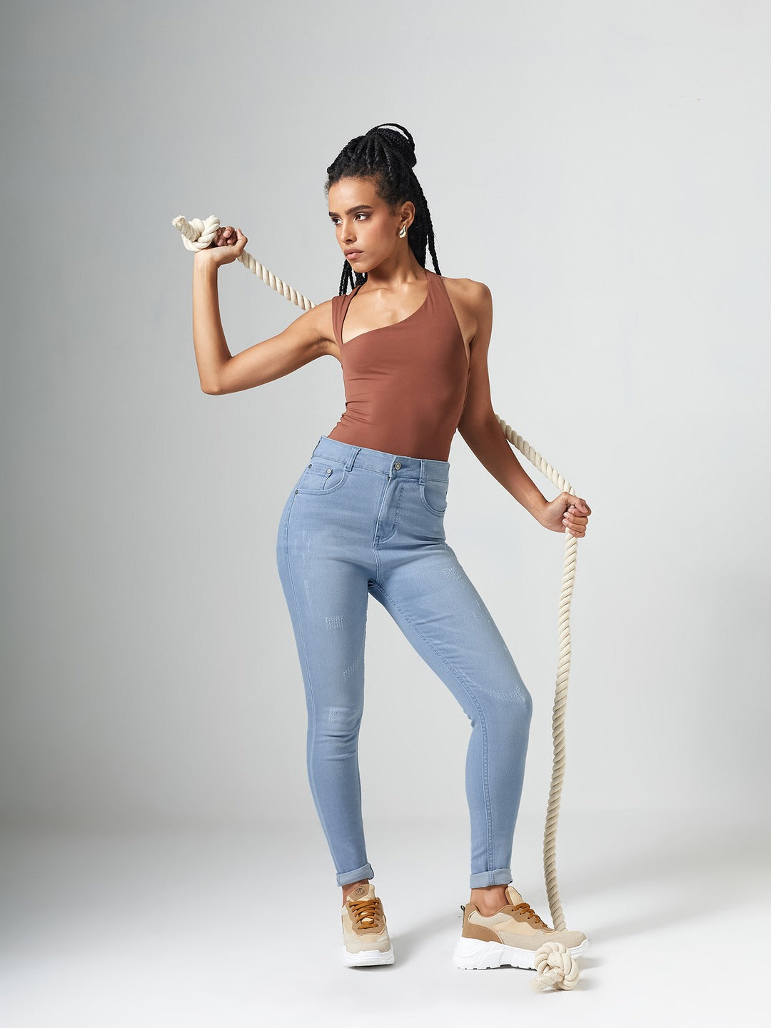 Light Blue Skinny High Rise Mild Distress Regular Stretchable Denim Jeans for Women