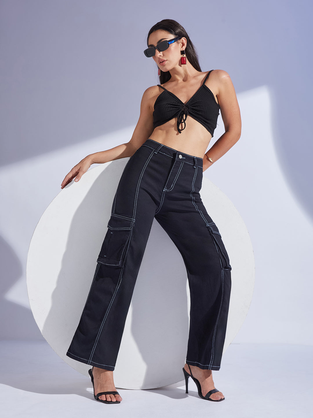 Women's Black Wide-Leg High-Rise Clean-Look Regular-Length Stretchable Patch-Pocketed Denim Jeans