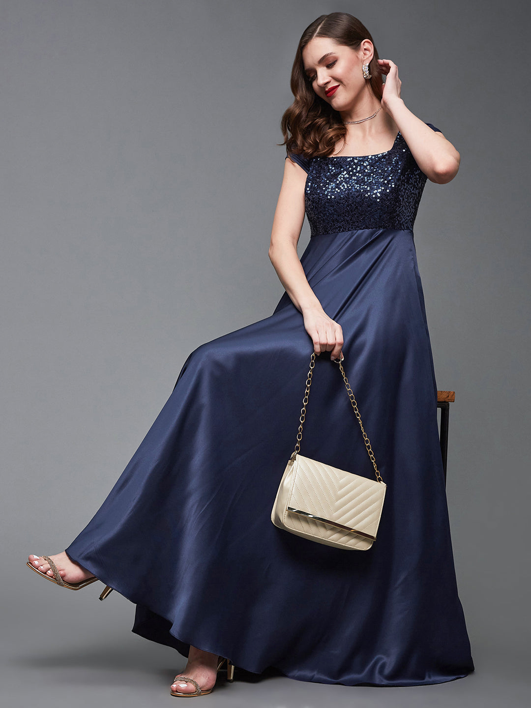 Navy Blue Short Sleeves Sequinned Fit and Flare Maxi Dress Long Dress Frock