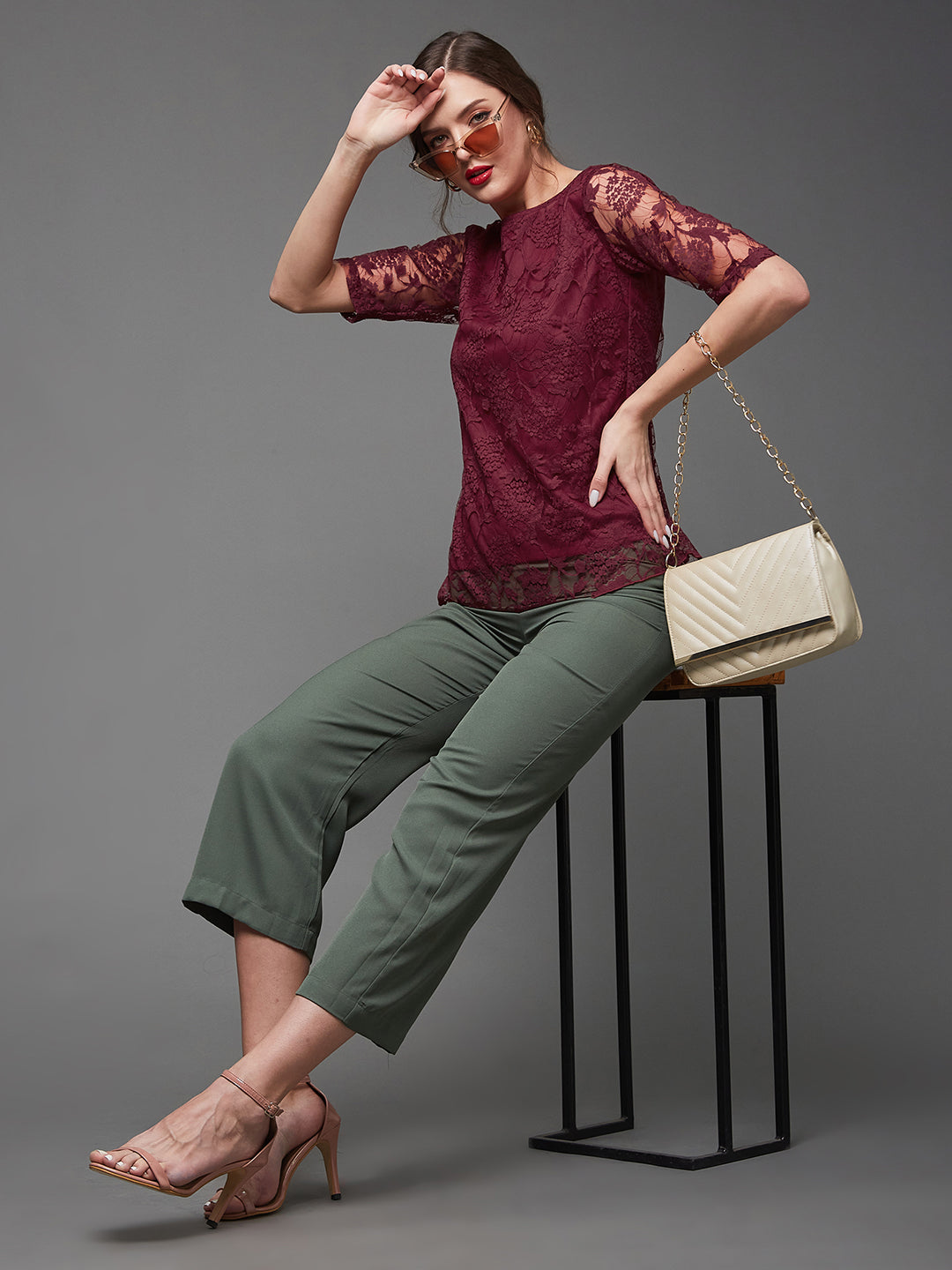 Women's Maroon Relaxed Fit Regular Lace Top