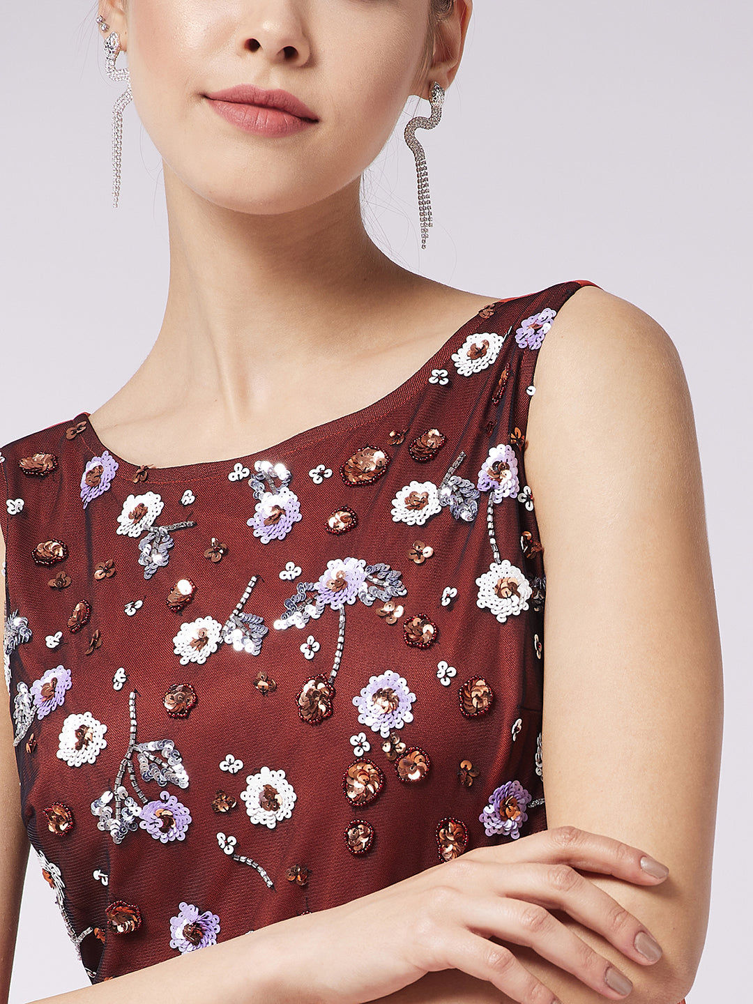 Rust Sleeveless Fit and Flare Sequinned Maxi Dress Long Dress Frock