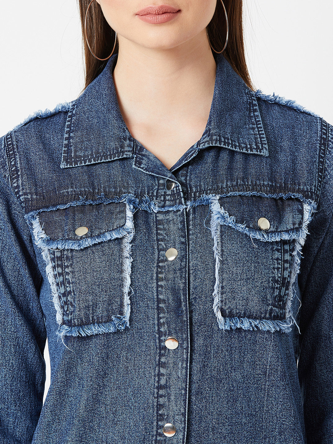 Women's Blue Polo Neck Full Sleeves Snap Button Detailing Denim Solid Regular Length Jacket