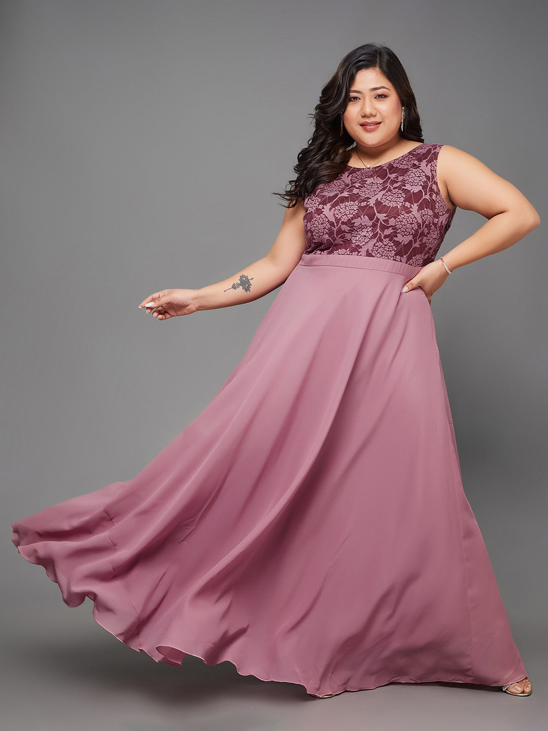 Lavender Sleeveless Fit and Flare Lace Dress for Women