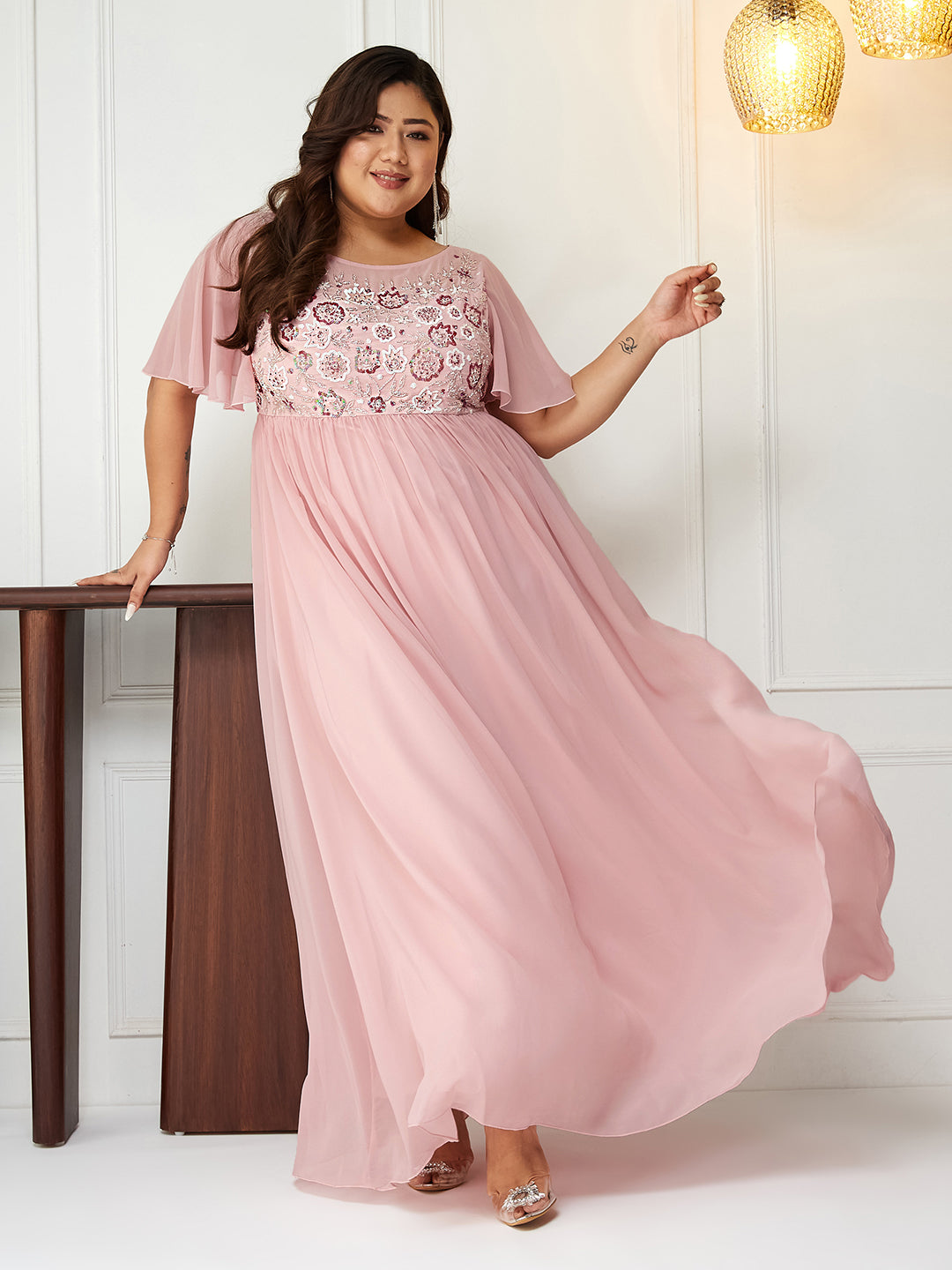 Light Pink Flared Sleeves Fit and Flare Sequinned Maxi Dress Long Dress Gown Frock for Women |