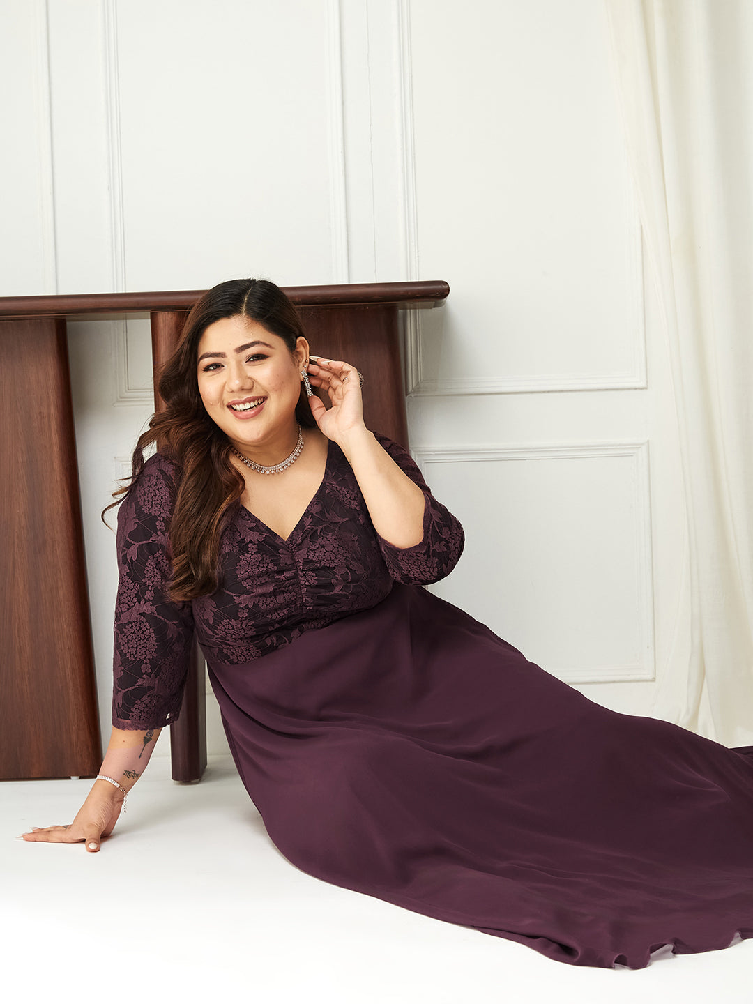 Mauve Long Sleeves Lace Empire Maxi Dress Long Dress Gown Frock for Women | Birthday Party Dresses