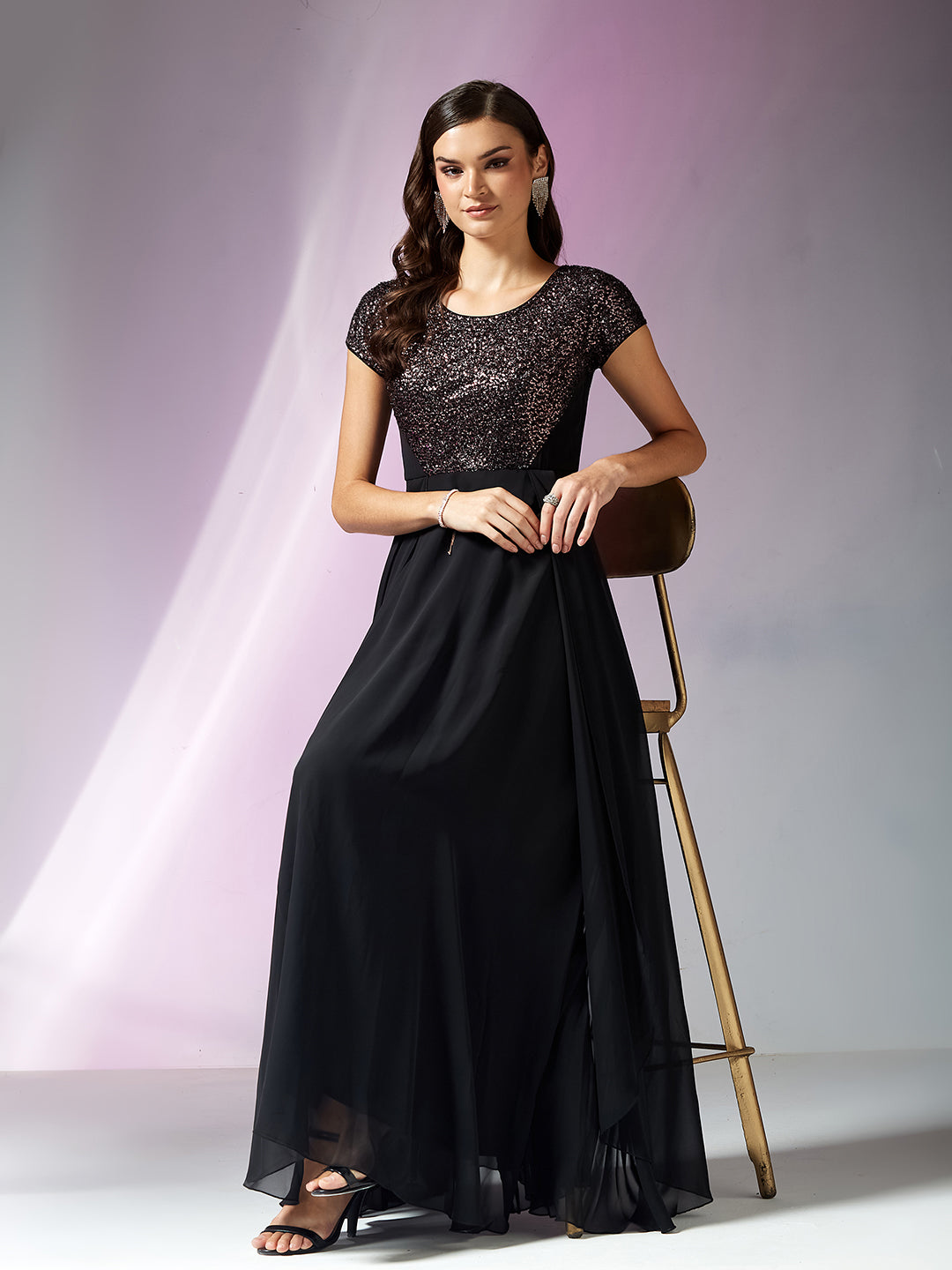 Women’s Black Round Neck Short Sleeve Embellished Fit & Flare Maxi Georgette Dress for Women