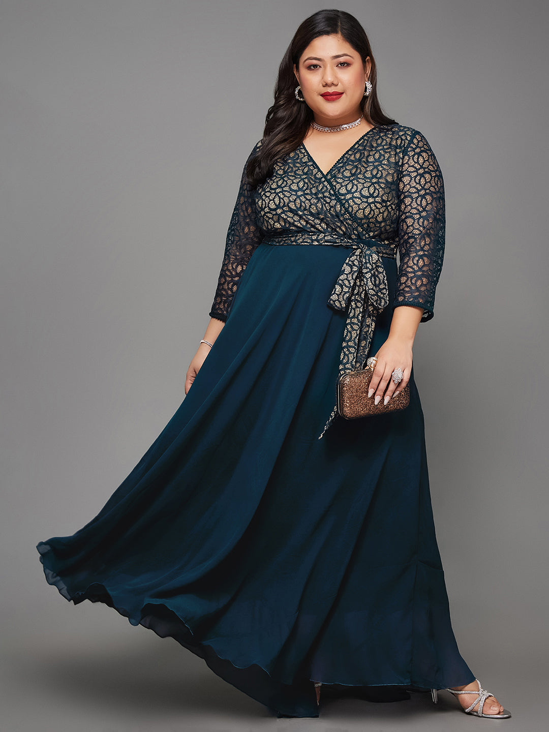 Teal Long Sleeves Fit and Flare Wrap Maxi Dress with Lace Belt for Women | Mehendi to Sangeet Collection