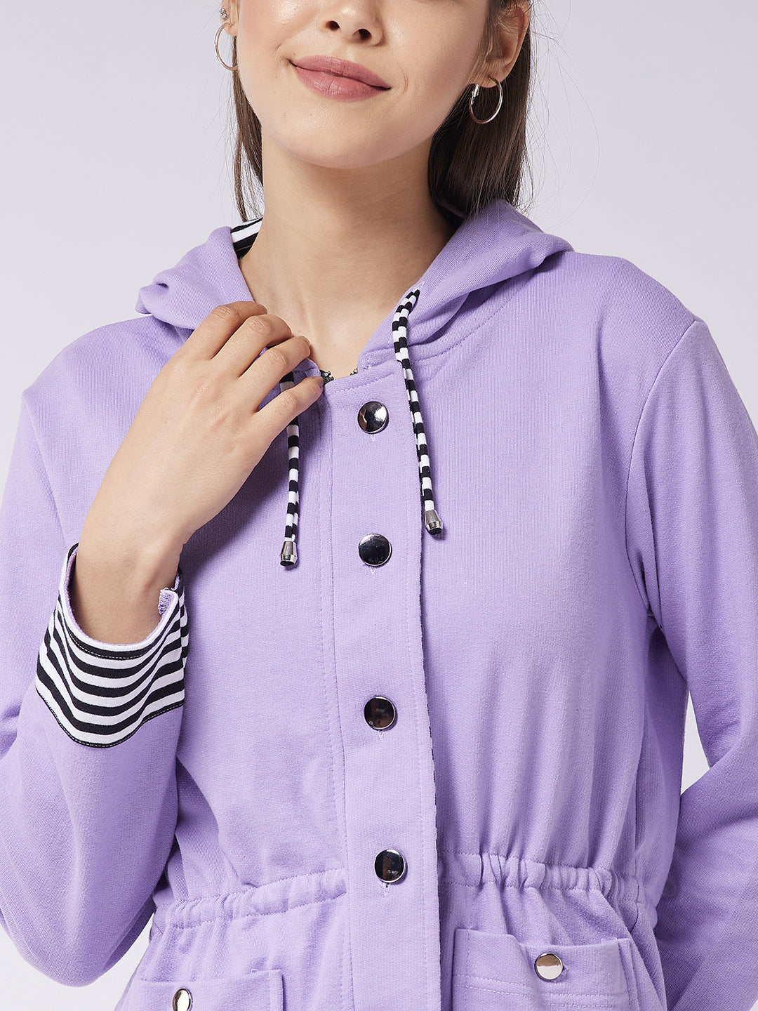 Women's Multicolored-Base-Lavender Hooded Full Sleeve Solid Waist Tie-Up Regular Jacket