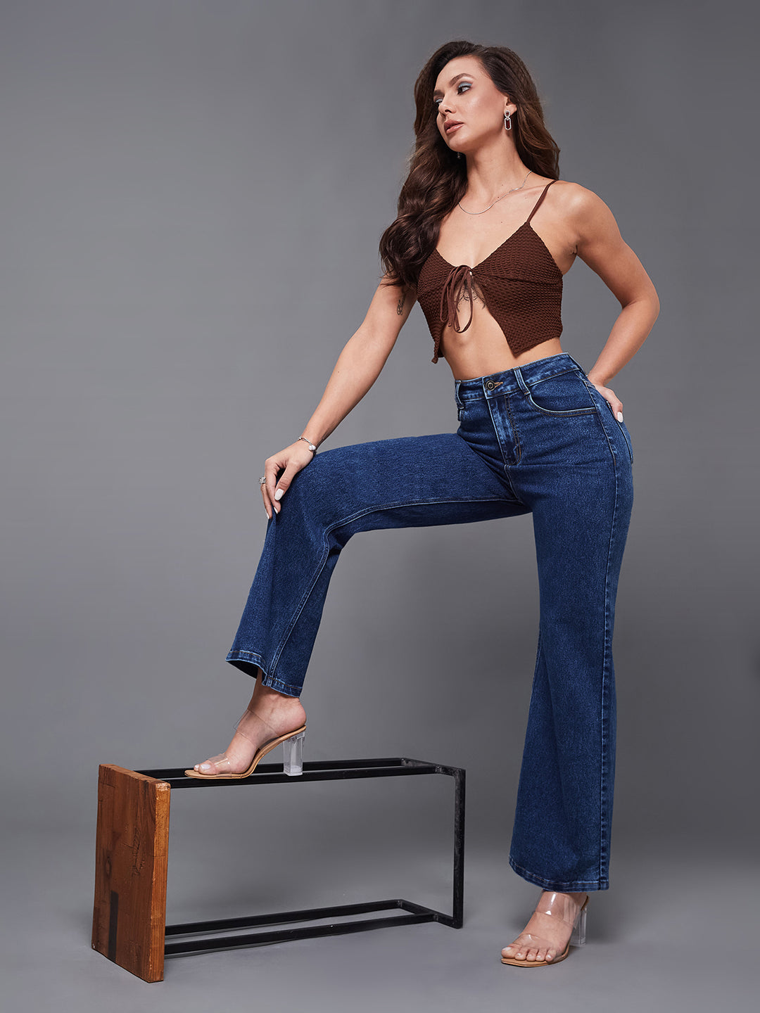 24/7 Comfort Mid-Blue Wide-Leg High-Rise Stretchable Denim Jeans