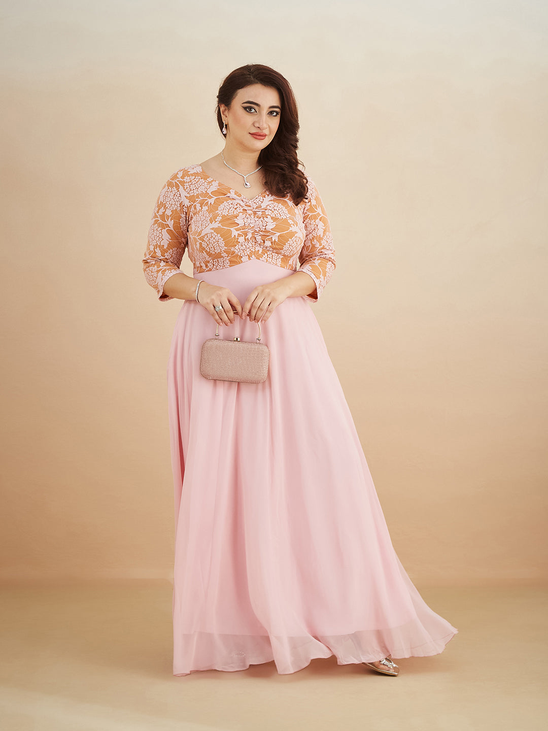 Dusty Pink V-Neck Raglan-Sleeve Self-Designed Empire-Styled Georgette Maxi Dress for Women — Miss Chase A+